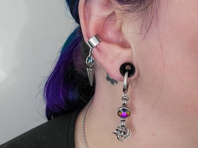 Illusion Ear Cuff, Chainmaille Jewelry, Caged Bead and Spike, Whimsigoth, Gothic, Witchy, Fantasy Core, No Piercing Dangle Drop Earring - image5